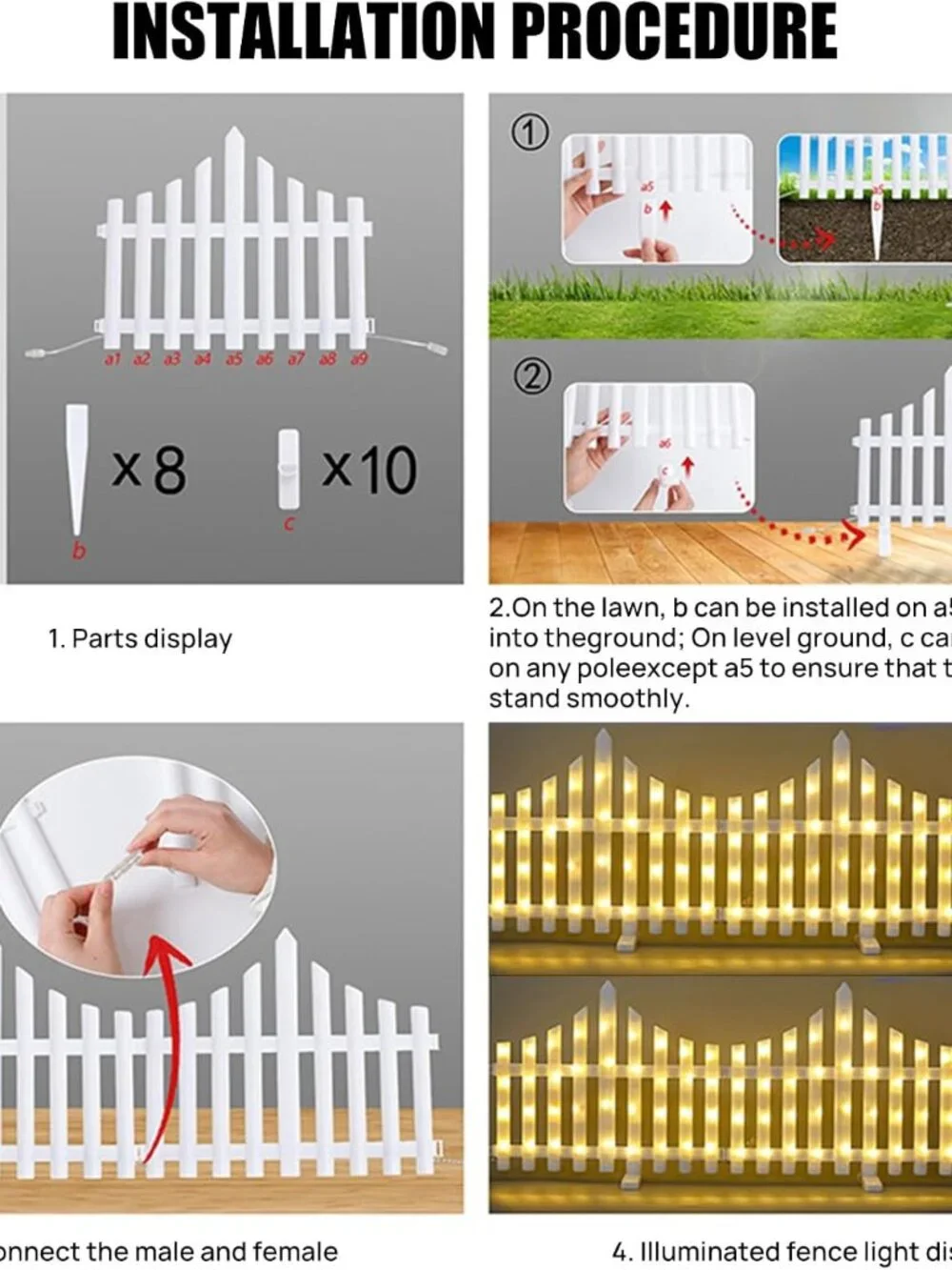 Christmas Tree Fence Light Christmas Decorations Lights 8 Pack Picket Fence NEW
